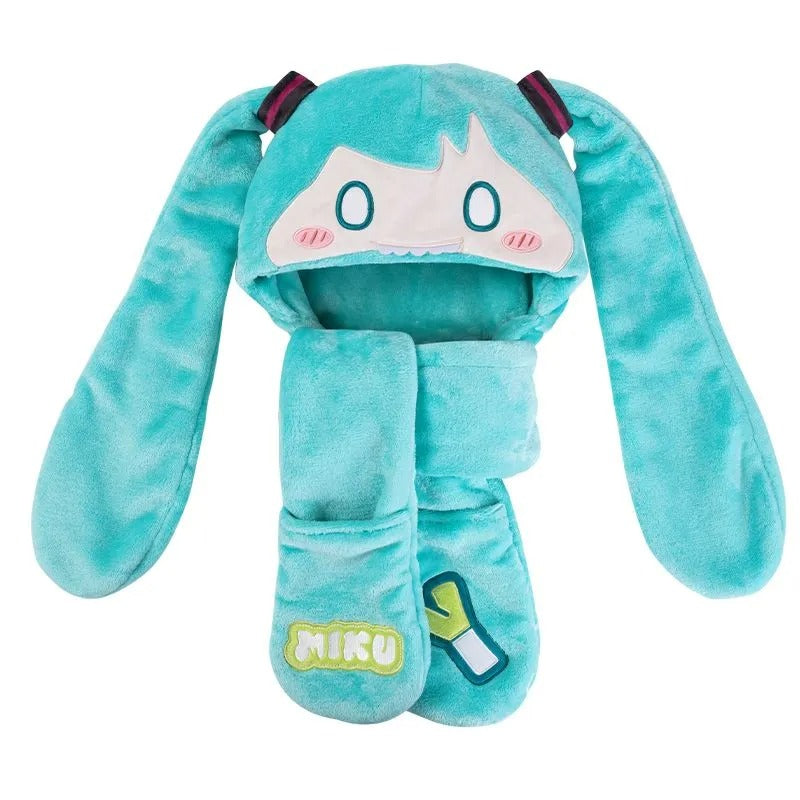 Hatsune Miku Unisex Warm Plush Hat Scarf Gloves Hooded Neck Warmer Three-piece Set