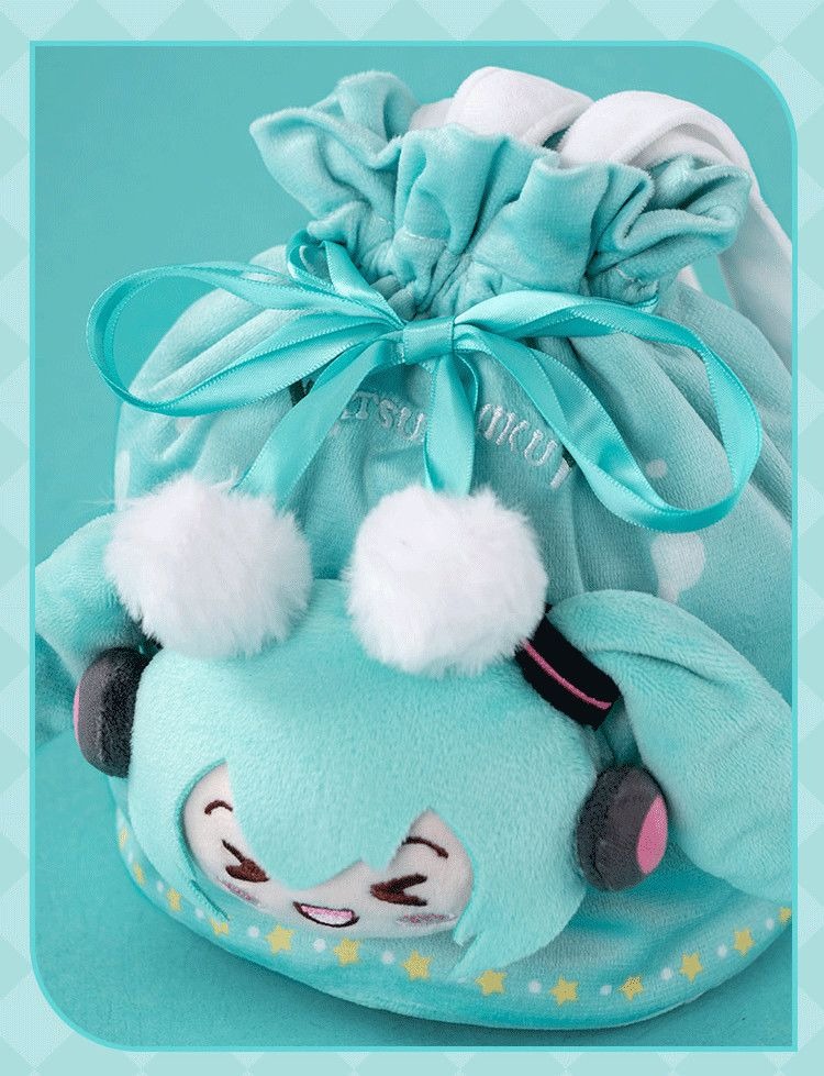 Hatsune Miku Squinting Cute Plush Drawstring Hand Carry Storage Bag