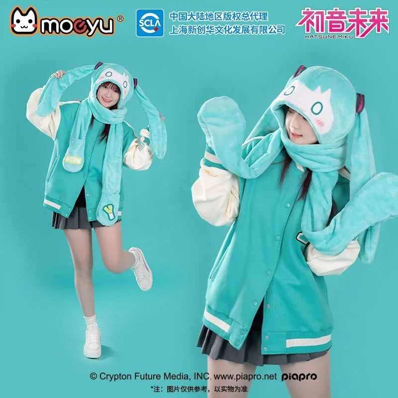 Hatsune Miku Unisex Warm Plush Hat Scarf Gloves Hooded Neck Warmer Three-piece Set