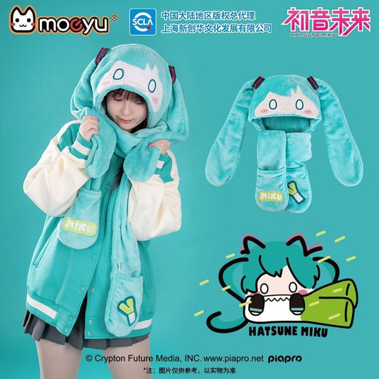 Hatsune Miku Unisex Warm Plush Hat Scarf Gloves Hooded Neck Warmer Three-piece Set